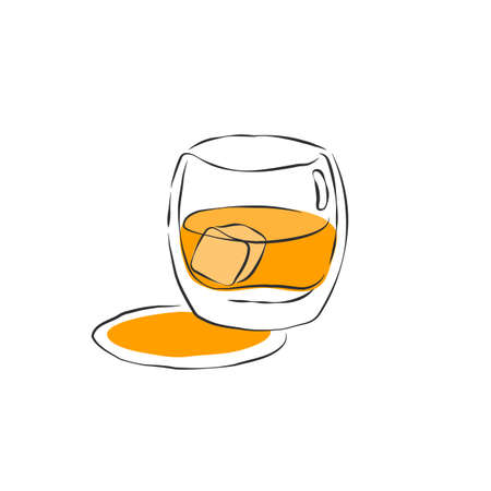 Wineglass whiskey with ice. Drink element. Color object. Retro glass wine hand draw, design for any purposes. Restaurant illustration. Simple sketch. Isolated on white background in engraving style.のイラスト素材