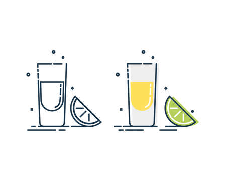 Line art snack tequila lime. Mexican beverage. White background. Tasty snack. Closeup shot. Trendy fruit food design. Color minimalism simplicity sign. Alcoholic product for restaurant illustration.のイラスト素材