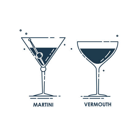 Glassware martini and vermouth line art in flat style. Restaurant alcoholic illustration for celebration design. Contour element. Beverage outline icon. Isolated on white background in graphic style.のイラスト素材