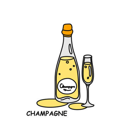 Champagne bottle and glass outline icon on white background. Colored cartoon sketch graphic design. Doodle style. Hand drawn image. Party drinks concept. Freehand drawing style.のイラスト素材