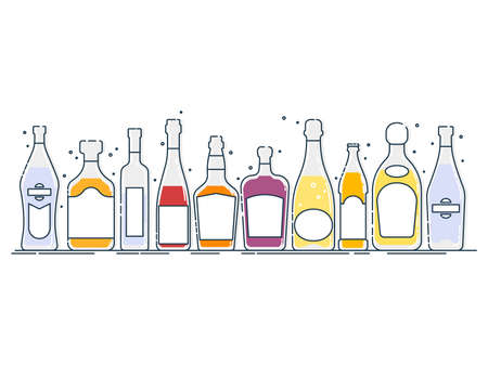 Collection bottle alcoholic drinks. Alcohol container stand in row. Illustration isolated. Flat design style with color fill. Beer champagne wine whiskey liquor vodka martini whiskey rum tequila.のイラスト素材