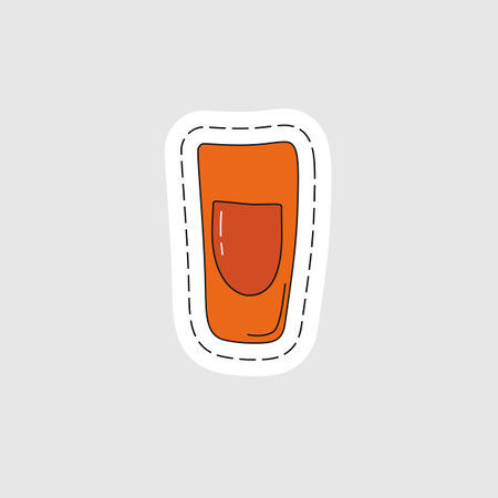 Rum shot glass as a sticker. Cartoon sketch graphic design. Doodle style. Colored hand drawn image. Party drink concept for restaurant, cafe, party. Freehand drawing style.のイラスト素材