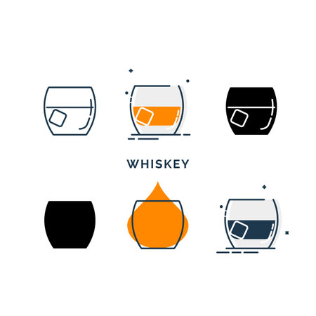 Set of glasses with whiskey in different styles. Shot glass drinks. Template alcohol beverage for restaurant, bar. Symbol party. Collection one drink. Isolated flat illustration on white background.のイラスト素材