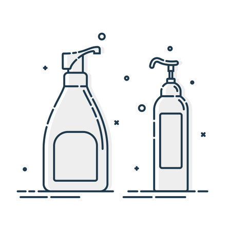 Cosmetic container. Body care hygiene. Illustration bottle. Plastic cosmetic jar product. Beauty product package. Body lotion drop. Foam, lotion, shampoo. Treatment mockup design. Outline object.のイラスト素材