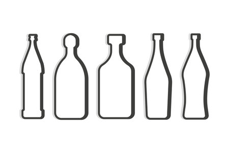 Beer and tequila rum martini vermouth bottle. Linear shape. Simple template. Isolated object. Symbol in thin lines for alcoholic institutions. Dark outline. Flat illustration on white backdrop.のイラスト素材