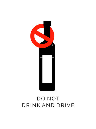 Prohibition alcohol. Sign ban bottle vodka. Single bottle alcoholic beverage with text. Black and white illustration of bottle in red crossed circle. Interdict beverage flat line in silhouette style.のイラスト素材