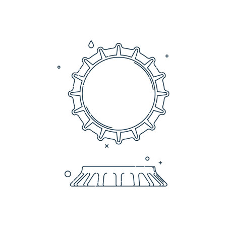 Contour flat illustration with a bottle cap on a white background. One kind of image. Cover metal cork. Isolated element. Line art design. Top view. Outline a drink object.のイラスト素材