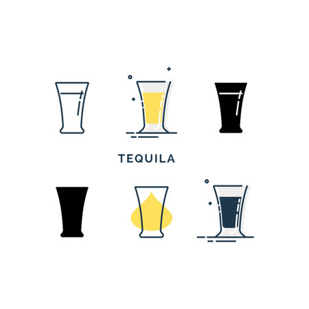 Set of glasses with tequila in different styles. Shot glass drinks. Template alcohol beverage for restaurant, bar. Symbol party. Collection one drink. Isolated flat illustration on white background.のイラスト素材