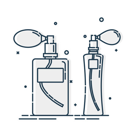Perfume bottle isolated icon on white background. Flat style design. Spray system. Two glamor container glass or plastic. Female cosmetic business. Graphic outline object.のイラスト素材