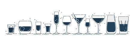 Glassware vodka whiskey rum tequila liquor red wine vermouth martini champagne beer mineral water line art in row in flat style. Alcoholic illustration for celebration design. Beverage outline icon.のイラスト素材
