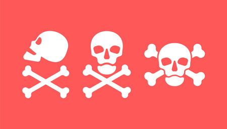 Human skull in side and full face view and crossbones on red background. Isolated illustration in flat style on a red warning square. Three sign poison and symbol. An image of danger to humans.のイラスト素材