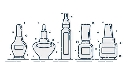 Cosmetic containers nail polish in row. Female fashion product. Five plastic or glass bottle. Fashion and style. Closeup on white backdrop. Isolated object. Illustration isolated white background.のイラスト素材