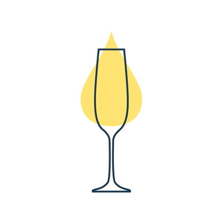 Modern abstract illustration with glass champagne with yellow blob. Linear outline sign.のイラスト素材