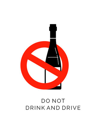 Prohibition alcohol. Sign ban bottle wine. Single bottle alcoholic beverage with text. Black and white illustration of bottle in red crossed circle. Interdict beverage flat line in silhouette style.のイラスト素材