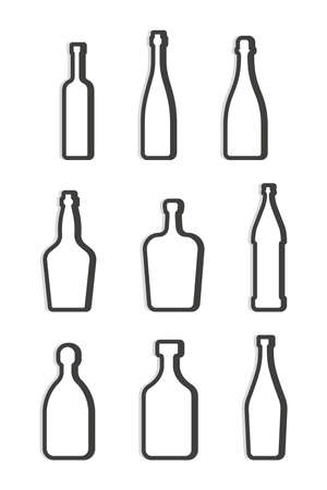 Vodka red wine champagne whiskey liquor rum martini beer tequila bottle. Simple linear shape. Set isolated object. Symbol in thin lines. Dark outline. Flat illustration on white background.のイラスト素材