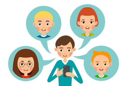 Boy calling your friends. Cartoon man talking for concept design. Using mobile phone. Cute design. Modern means of Internet communication. Illustration isolated on white background in flat style.のイラスト素材