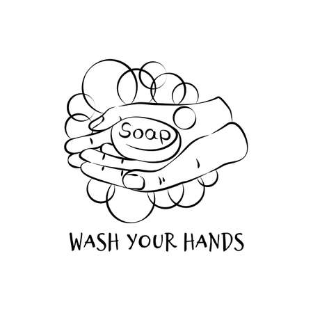 Wash hands soap, design for any purposes. Foam over hand. Hand drawn illustration on white background. Black line. Personal hygiene and a protect lifestyle. Freehand drawing.のイラスト素材