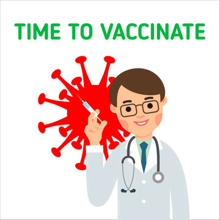 Young doctor holds a syringe in his hand to give an injection. Concept it's time to get vaccinated against the coronavirus. Against the background of the image of Covid-19. Isolated flat style.のイラスト素材