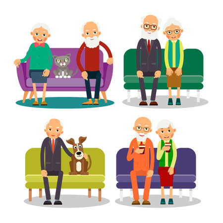 Set older couple on the sofa sitting elderly woman and man. Pensioner with dog and cat. Old people with animal and furniture. Grandparents at home on couch with a pet. Illustration in flat style.のイラスト素材