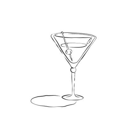 Wineglass martini with olive on a skewer. Concept of beverage and snacks. Retro glassware hand draw. Restaurant illustration. Simple sketch. Isolated on white background in engraving style.のイラスト素材