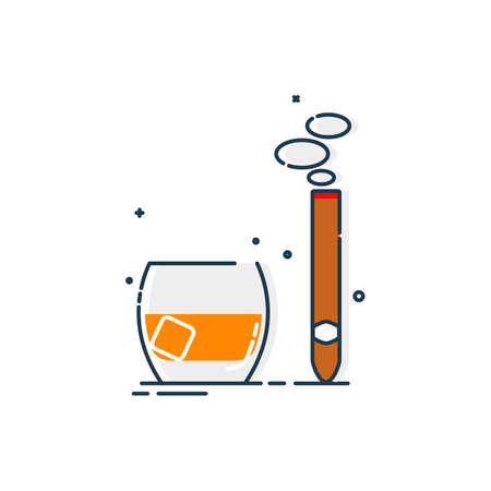 Glass of whiskey and cigar great design for any purposes. Isolated illustration white background. Closeup shot. Trendy style. Minimalism color sign. Alcoholic product for restaurant symbol.のイラスト素材