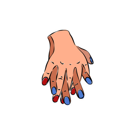 Two human hand-in-hand. The palm of a European in the hand of an African man. The concept of friendship and close relationship. Fingers intertwined. Freehand drawing. Sketch graphic draft.のイラスト素材
