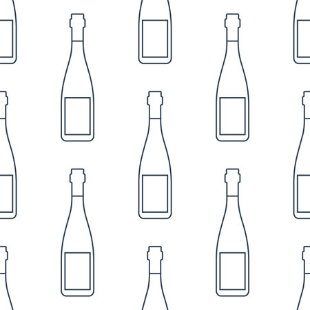 Red wine bottles seamless pattern. Line art style. Outline image. Black and white repeat template. Party drinks concept. Illustration on white background. Flat design style for any purposes.のイラスト素材