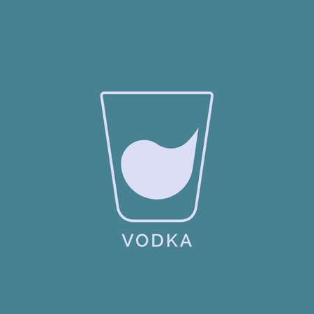 Glass vodka with a drop of drink inside. Contour line art in flat style. Restaurant alcoholic illustration for celebration design. Beverage outline icon. Isolated on color background.のイラスト素材