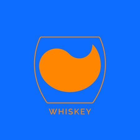 Glass whiskey with a drop of drink inside. Contour line art in flat style. Restaurant alcoholic illustration for celebration design. Beverage outline icon. Isolated on color background.のイラスト素材