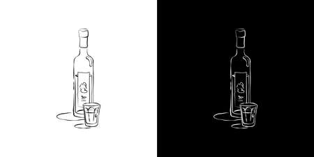 Bottle and glass vodka together in hand drawn style. Two kinds beverage outline images. Restaurant illustration for celebration design. Retro sketch. Line art. Isolated on white background.のイラスト素材