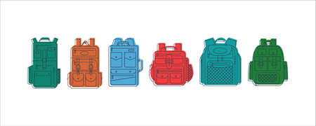 Education and study backpack in row for students and traveling icon. Rucksack or schoolbag with pockets and zipper element. Set tourism bag. Flat line art illustration isolated on white background.のイラスト素材
