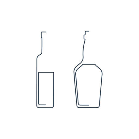 Bottle continuous line vodka and whiskey in linear style on white background. Solid black thin outline. Modern flat style graphic design.のイラスト素材