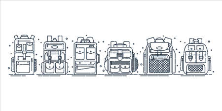 Education and study backpack in row for students and traveling icon. Rucksack or schoolbag with pockets and zipper element. Set tourism bag. Flat line art illustration isolated on white background.のイラスト素材