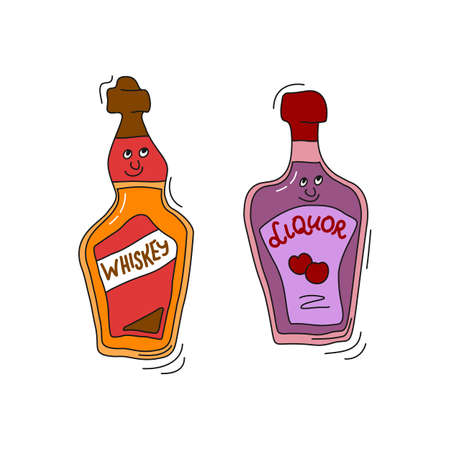 Whiskey and liquor with smile on white background. Cartoon sketch graphic design. Doodle style with black contour line. Cute hand drawn bottle. Party drinks concept. Freehand drawing style.のイラスト素材