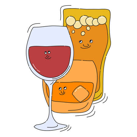 Red wine whiskey beer glassware with smile face on white background. Cartoon sketch. Doodle style with black contour line. Cute hand drawn glass. Party drinks concept. Kawaii freehand drawing style.のイラスト素材