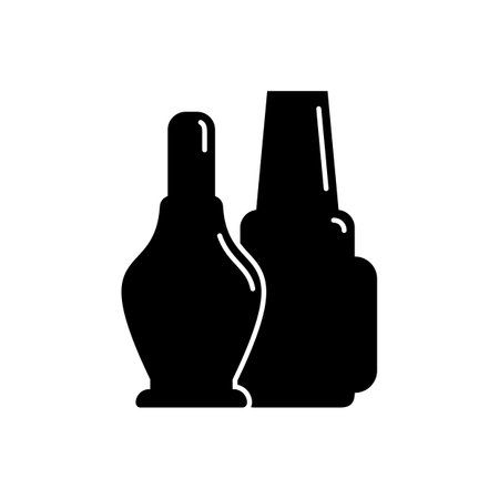 Two cosmetic container nail polish and oil in row. Female makeup product. Plastic or glass bottle. Fashion and style. Black silhouette. Isolated object. Illustration isolated white background.のイラスト素材