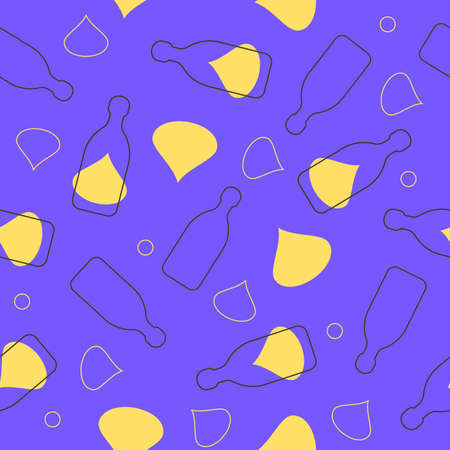 Tequila bottles and alcohol drop seamless pattern. Line art style. Outline image. Repeat template. Party drinks concept. Color Illustration on white background. Flat design style for any purposes.のイラスト素材