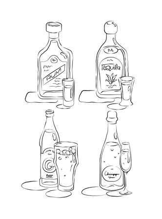 Bottle and glass rum, tequila, beer, champagne together in hand drawn style. Beverage outline icon. Restaurant illustration for celebration design. Line art sketch. Black contour object on white background.のイラスト素材