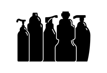 Five plastic cosmetic jar product. Oil, mask, cream. Cosmetic container. Illustration design in the form of black silhouette with thin white lines. Isolated icon in flat style on white background.のイラスト素材