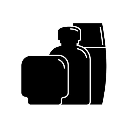 Three plastic cosmetic jar product. Oil, mask, cream. Cosmetic container. Illustration design in the form of black silhouette with thin white lines. Isolated icon in flat style on white background.のイラスト素材