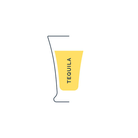 Tequila glass in minimalist linear style. Contour of the glassware on left side in form of fine black line. Drink is depicted in form of shape with colored fill. Isolated image on white background.のイラスト素材