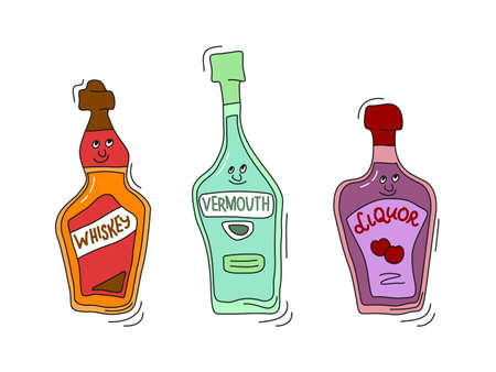Whiskey, vermouth, liquor and with smile on white background. Cartoon sketch graphic design. Doodle style with black contour line. Cute hand drawn bottle. Party drinks concept. Freehand drawing styleのイラスト素材