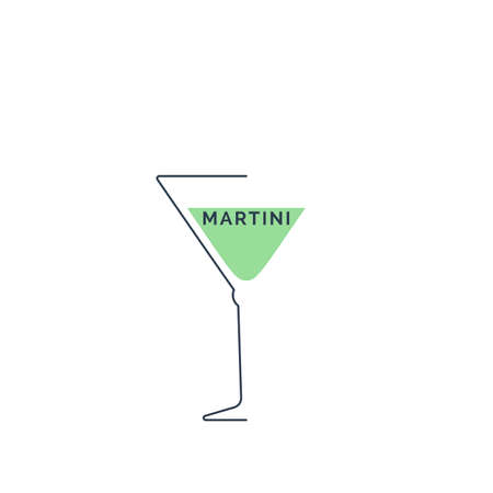 Martini glass in minimalist linear style. Contour of the glassware on left side in form of fine black line. Drink is depicted in form of shape with colored fill. Isolated image on white background.のイラスト素材