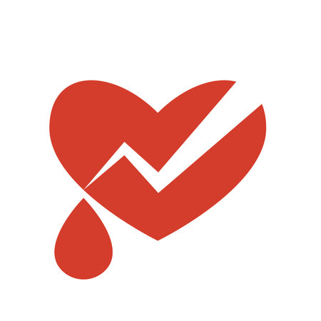 Broken red shape heart with drop blood on white background. Modern illustration. Simple object in flat style, great design for any purposes. Celebration, romance template.のイラスト素材