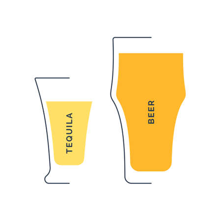 Tequila and beer glass in minimalist linear style. Contour of glassware on left side in form of fine black line. Drink is depicted in form of shape with colored fill. Isolated image on white backdropのイラスト素材