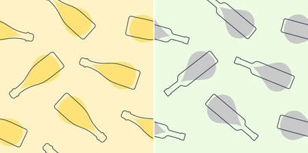 Champagne and vodka bottles with alcohol drop seamless pattern. Line art style. Outline image. Two repeat template. Party drinks. Color Illustration on white background. Flat design style for any purposes.のイラスト素材