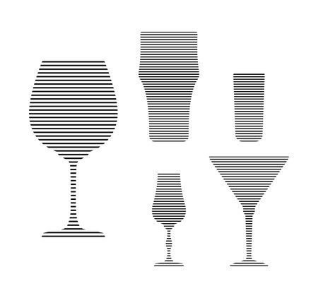 Wine, beer, rum, liquor and martini glass in minimalist linear style. Silhouette of glassware performed in the form of black thin lines. Three alcohol objects in a row. Isolated image on white backdrop.のイラスト素材