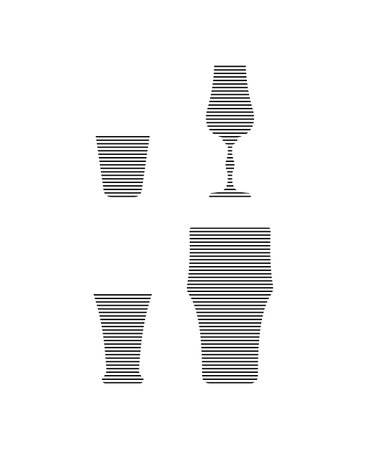 Vodka, liquor, tequila, beer glass in minimalist linear style. Silhouette of glassware performed in the form of black thin lines. Three alcohol objects in a row. Isolated image on white backdrop.のイラスト素材