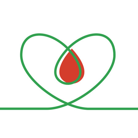 Linear green shape heart continuous stroke with blood drop on white background. Modern illustration for celebration, romance template. Simple object in flat line art, great design for any purposes.のイラスト素材