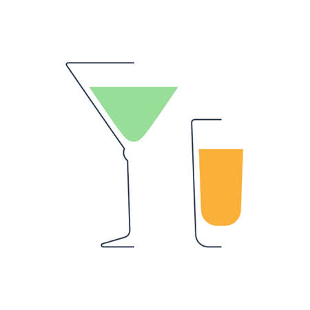 Martini and rum glass in minimalist linear style. Contour of glassware on left side in form of fine black line. Drink is depicted in form of shape with colored fill. Isolated image on white backdrop.のイラスト素材